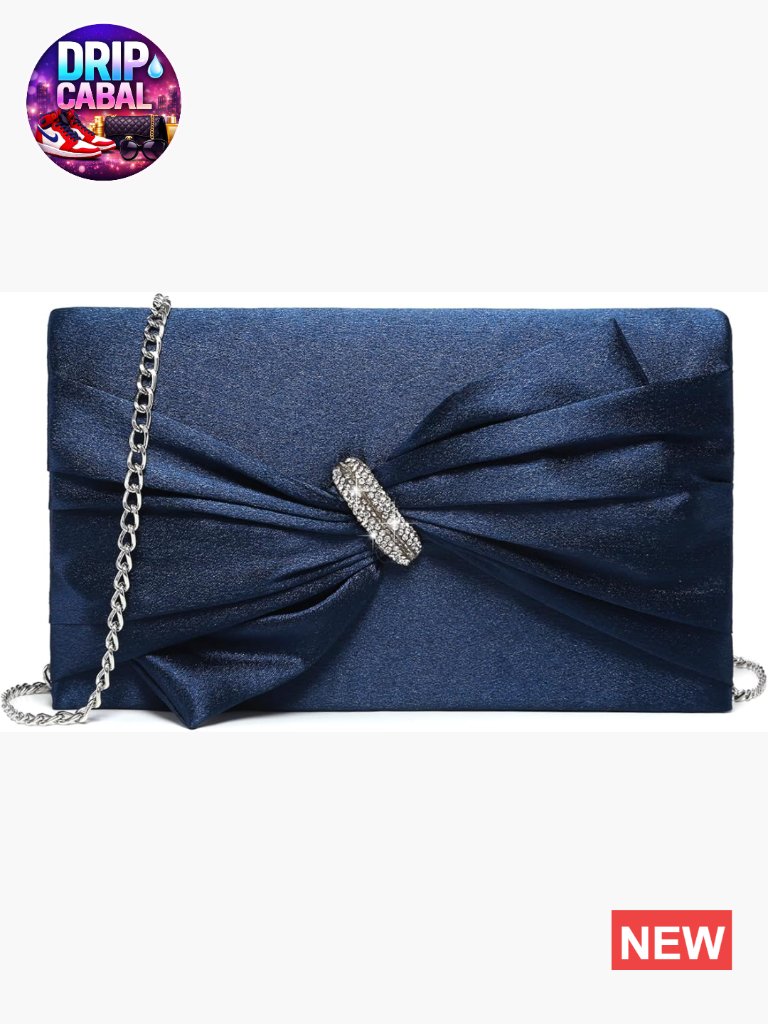 Elegant Satin Bow Flap Evening Bag Rhinestone Clutch Purse Handbag Formal